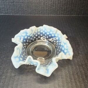 Vtg Fenton Art Glass Pearl Opalescent Hobnail Ruffle Edge Bonbon Nut Candy Dish